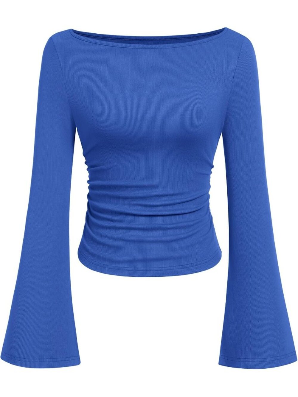 Women's Blue Boat Neck Long Sleeve Cropped Ruched Slim Fit Ribbed Knit Top